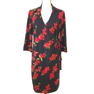 Steena Red Black Floral Surplice V Neck Cocktail Wrap Sheath Dress M